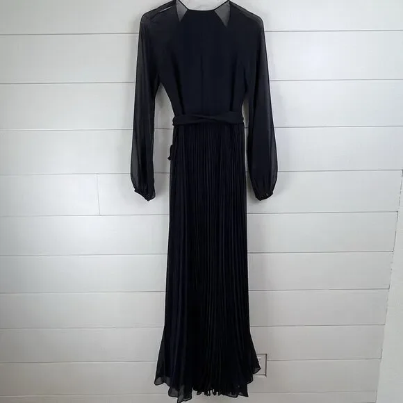 Badgley Mischka Collection Long Sleeve Pleated Wrap Gown Maxi Dress Midnight 4 - Picture 8 of 11